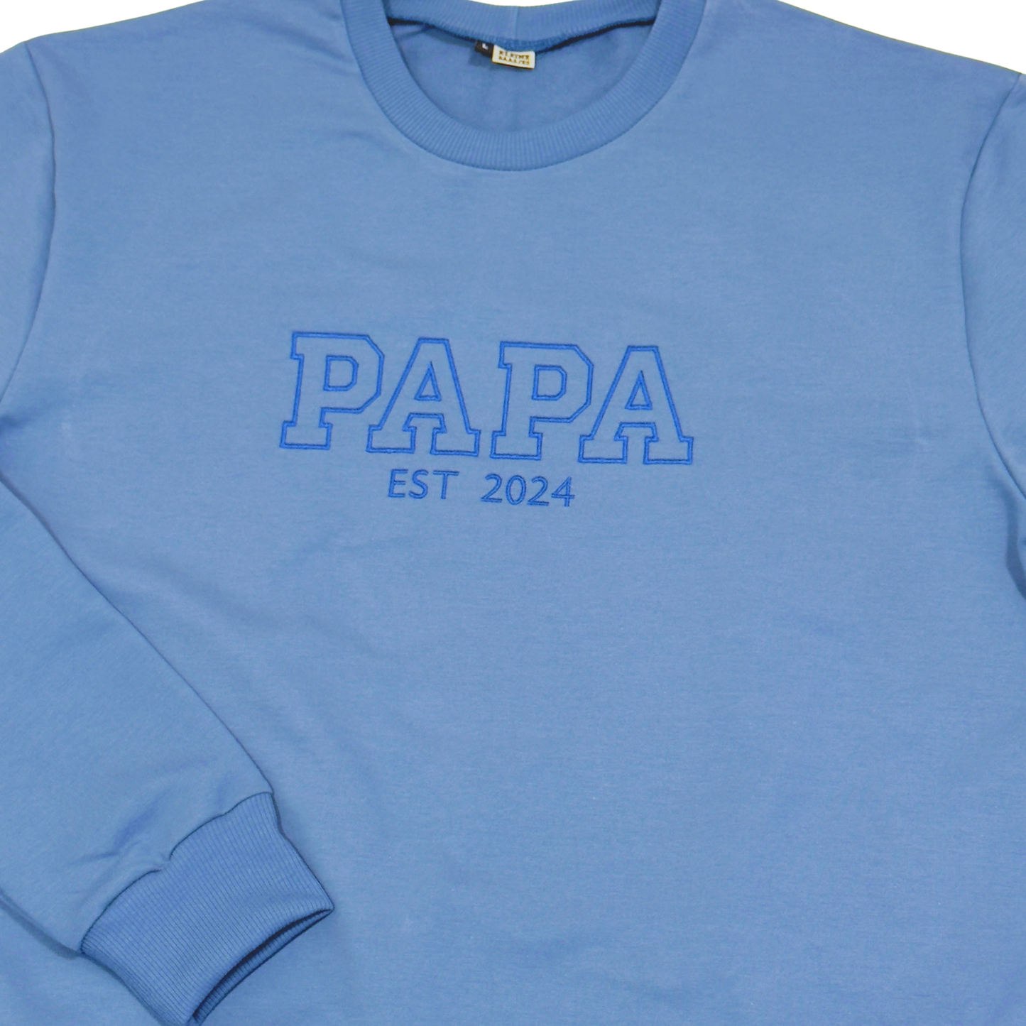 Geborduurde papa Sweater blauw college stijl - PAPA met jaartal