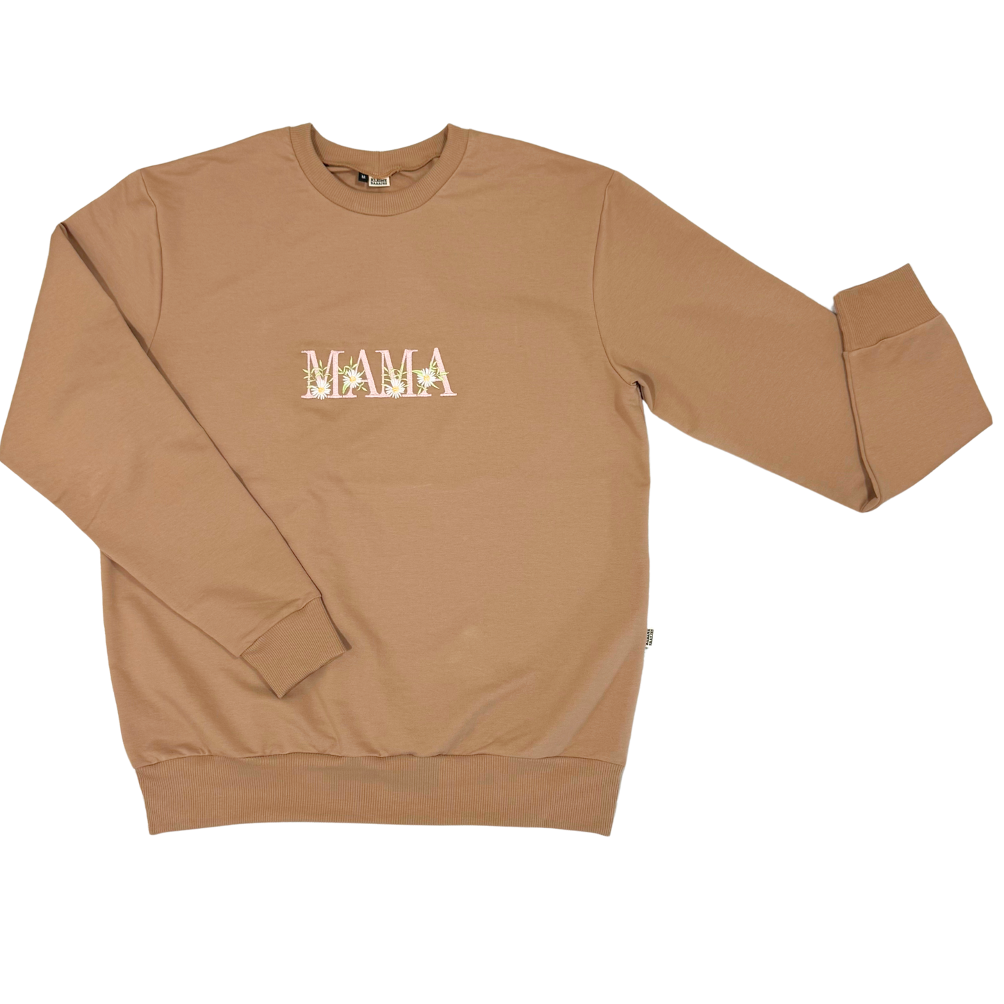 Geborduurde mama Sweater Cacao MAMA met bloemen