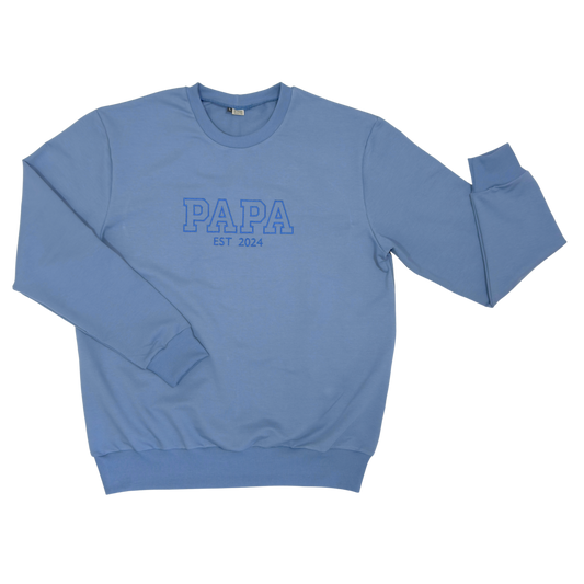 Geborduurde papa Sweater blauw college stijl -  PAPA met jaartal