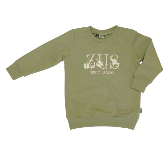 Geborduurde Baby en Kids Sweater Groen 'ZUS' met jaartal