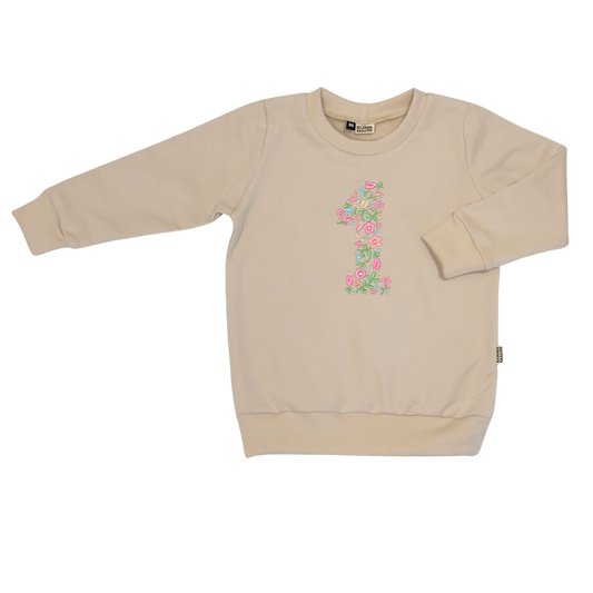 Geborduurde Baby en Kids Sweater Beige Verjaardag Cijfer