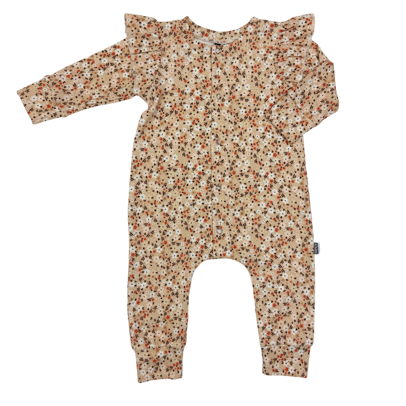 Baby Jumpsuit Rib Mini Bloemen Beige met Ruffles