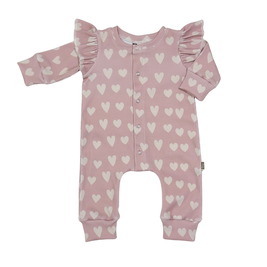 Baby Jumpsuit Rib Hartjes Roze met Ruffles